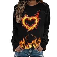 Valentine's Day Long Sleeve Sweatshirts for Women Flame Heart Print Graphic Shirts Pullover Tops Casual Blouses