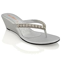 Womens Low Wedge Heel Sandals Rhinestones Flip Flops Synthetic Leather Toe Post Sparkly Slip On Shoes