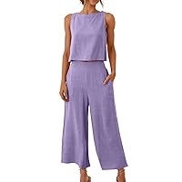 2 Piece Outfits For Women Sleeveless Jumpsuits For Women Linen Sets For Women 2 Piece Wide Leg Pants For Women Round Neck Crop Basic Top Button Back Tops Women's Linen Trouser Suits With Pocket