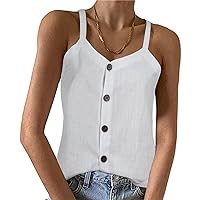 Women's Summer Button Down V Neck Loose Casual Cami Tank Tops Spaghetti Straps Sleeveless Shirts Blouses