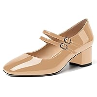 Women's Dating Buckle Cute Square Toe Solid Patent Block Low Heel Pumps Shoes 2 Inch