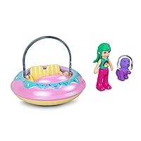 Polly Pocket Collectible Micro Mini Metal Vehicle, Poseable Doll and Pet Set - Polly's Friend Doll with Donut Theme UFO and Purple Puppy (with Space Helmet) Sidekick Playset