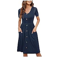 Summer Womens Casual Loose Midi Dress V Neck Short Sleeve Printed Button Bohemian Dress with Pockets