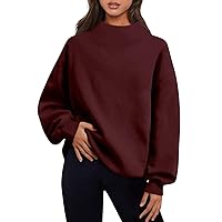 Women's French Terry Sweatshirt Fashion Solid Color Long Sleeve Loose Slit Half Turtleneck Sweatshirt Top, S-3XL