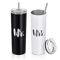 Mr and Mrs Stainless Steel Skinny Tumbler Set, Insulated Travel Tumbler, Gifts for Newlyweds Couples Wife, Wedding Engagement Bridal Shower, 20 Oz Slim Water Tumbler with Lid Straw, Black and White