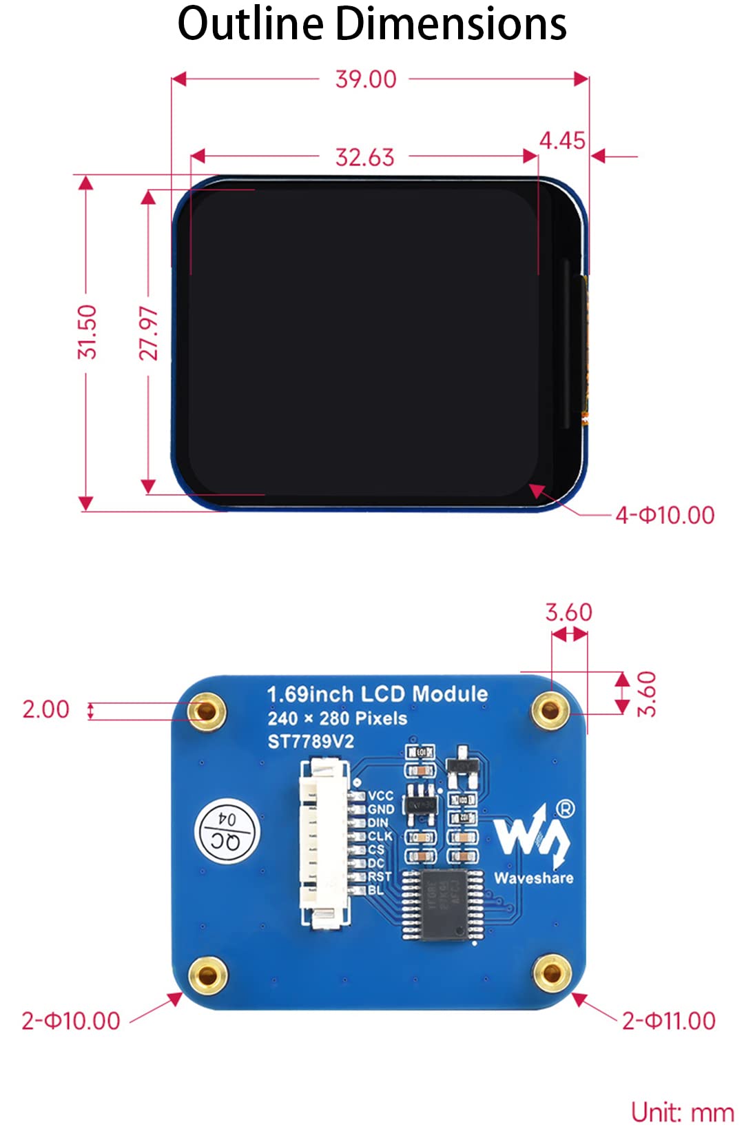 waveshare 1.69inch LCD Display Module, 240×280 Resolution IPS Screen Display 262K Display Color ST7789V2 Driver chip SPI Interface, for Raspberry Pi, Arduino, STM32, etc.