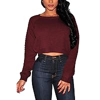 Pink Queen Women's Knit Long Sleeves Cropped Sweater Burgundy Size S