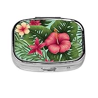 Hawaiian Tropical Leaves Flowers Pill Box 2 Compartment Small Pill Case for Purse & Pocket Metal Medicine Case with Mirror Portable Travel Pillbox Medicine Organizer