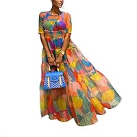 Women's Mesh Cocktail Party Long Dress Short Sleeve Printed Party Dress Printed Mesh Fit Prom Party Midi Dresses