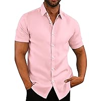 HTHLVMD Men's Short Sleeve Button Down Casual Hawaiian Shirts Summer Beach Holiday Printed Regular Cotton Linen Shirts