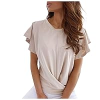 Women's Athletic Shirts Fashion Solid Color Round Neck Lace Short Sleeve Knotted T-Shirt Top Soft T Shirts, S-2XL