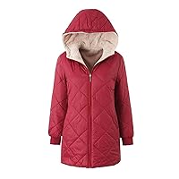 Women's Winter Long Quilted Jacket with Hood Warm Sherpa Fleece Lined Outerwear Casual Loose Long Sleeve Solid Coat
