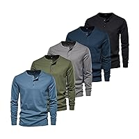 5Pcs Set Henley Men's Long Sleeve T-Shirt Cotton Casual Male T-Shirt Spring and Summer Solid Color Tee Men Autumn