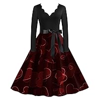 Lightning Deals of Today,Valentine's Day Outfits for Women Valentines Dress Fancy Spring Women's Fashion Casual Slim Fit Printed Big Hem Long Sleeve Dress Dresses Wedding Guest(5-Wine,XL)