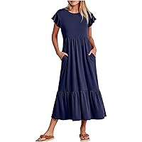 Something Cool Women's Short Sleeve Pocket Dress Summer Casual Mid Calf T-Shirt Dress Ruffle Hem Loose Swing Casual Dresses Tunic Sundress Travel Dress Navy