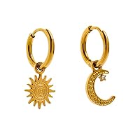 Star Moon Asymmetry Drop Stainless Steel Gold Color Texture Hoop Earrings Statement Charm Jewelry for Women Gift