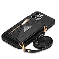 Zipper Wallet for iPhone 13 12 Mini 11 X XR XS Pro Max 7 8 Plus Case with Card Holder Lanyard Strap Crossbody Leather Cover,Black,for iPhone 12 Mini