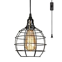 1 Light Hanging Swag Lamp with Plug in 15 Ft Cord On/Off Switch with Pull Chain- Black Industrial Vintage Cage Pendant Light (Lampshade Globe)
