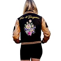Leather Varsity Jacket with Floral Embroidery and Arm Patches