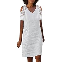 Linen Dresses for Women, Women's Summer Lace Splicing Dress Short Sleeve V Neck Pullover Strapless, S XXL