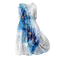 Women's Dresses 2024 Fashion Vintage Floral Print Lapel Button Three Quarter Sleeves Strappy Dress, S-3XL