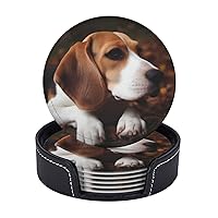 Drink Coasters with Holder Leather Coasters Set of 6 Cute Beagle Round Coaster for Drinks Tabletop Protection Cup Mat Pad for Home and Kitchen Coaster Set for Home Decor 4 Inch