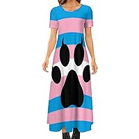 Transgender Furry Pride Flag Women's Short Sleeve Maxi Dress Summer Casual Loose Long Dresses for Beach Party