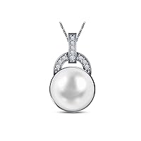 14K White Gold 0.05 Carat 9 mm Freshwater Cultured Pearl Diamond Pendant for Women