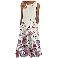 Women Flowers Dresses Sleeveless Button T Shirt Midi Dress Casual Loose Sundress with Pockets Travel Dress for