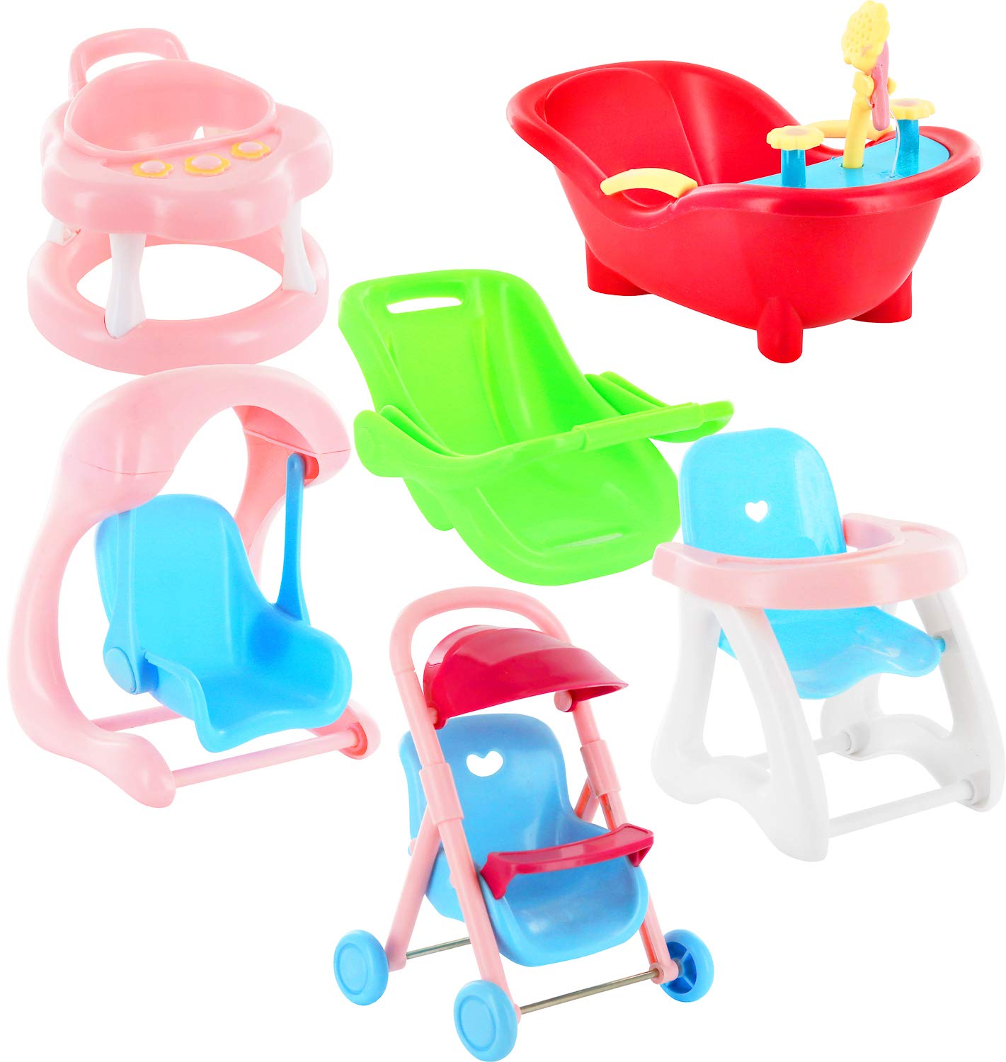 Click N' Play Mini 5 Inch Baby Girl Toy Dolls with Stroller, High Chair, Bathtub, Infant Seat, and Swing Accessories for Girls 3-6 Years Old