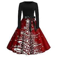 Women's Wedding Guest Dress Fashion V-Neck Casual Slim Christmas Printed Long Sleeve Hair Collar Dresses, S-5XL