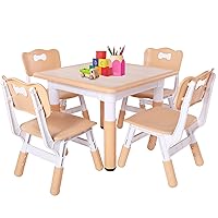 FUNLIO Kids Table and 4 Chairs Set, Height Adjustable Toddler Table and Chair Set for Ages 3-8, Easy to Wipe Arts & Crafts Table, for Classrooms/Daycares/Homes, CPC & CE Approved（5-Piece Set）