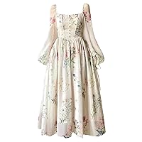 Women Print Midi Dresses French Elegant Square Collar Long Sleeve Waist Holiday Dress