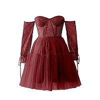 Maxianever Women’s Plus Size Tulle Prom Dresses with Lace Sleeves Short Evening Mini Homecoming Cocktail Gowns Burgundy US28W