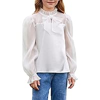 WDIRARA Girl's Contrast Mesh Bow Front Shirt Cute Mock Neck Long Flounce Sleeve Blouse Top
