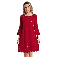 2023 Women's Dresses Pearls Beaded Scallop Trim Flounce Sleeve Scallop Trim Dress Women's Dresses (Color : Red, Size : X-Large)
