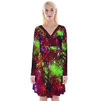 PattyCandy Womens Party Space Galaxy & Unicorn Printed Long Sleeve Ruched Waistband Wrapped Skater Dress, XS-3XL