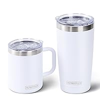 12oz & 20oz Insulated Coffee Mug with Lid and Handle and Straw,Stainless Steel Togo Coffee Travel Mug Tumbler,Vacuum Double Wall Reusable Thermo Cup,Keep Drinks Cold Hot(White)
