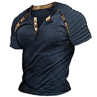 Distressed Henley Tee Shirts for Men V Neck Short Sleeve Retro Tactical Shirt Slim Fit Pleated Raglan Sleeve Gym Workout Tops