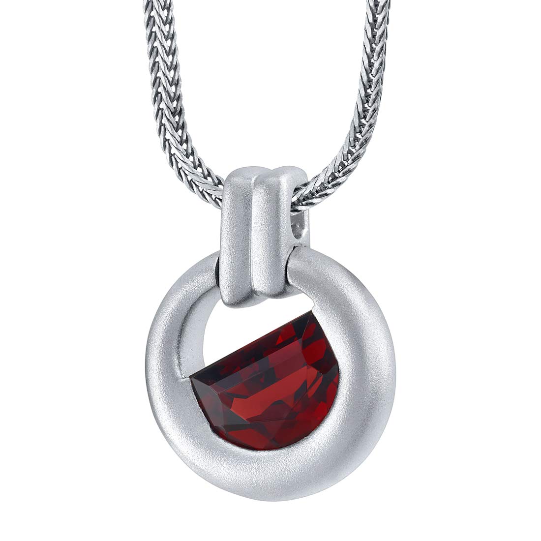 Peora Garnet Amulet Pendant Necklace for Men in Sterling Silver, 4.50 Carats Half Moon Shape, Brushed Finished, with 22-Inch Italian Chain