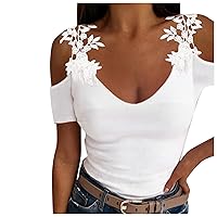 FQZWONG Women's Sexy Cold Shoulder Short Sleeve V Neck Tunic Tops Floral Strap Trendy Summer Party Club Night T-Shirt Tees