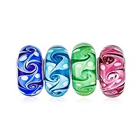 Romantic Murano Glass Multi Color Mix Bundle Set Spacer Bead Charm Ocean Wave Swirl Translucent Shades Vintage Floral Flower Bead Charm For Women Teen .925 Sterling Silver Core Fits European Bracelet