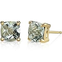 Peora Green Amethyst Stud Earrings for Women in 14 Karat Yellow Gold, Classic Solitaire, Cushion Cut 6mm, 1.75 Carats total, Friction Back