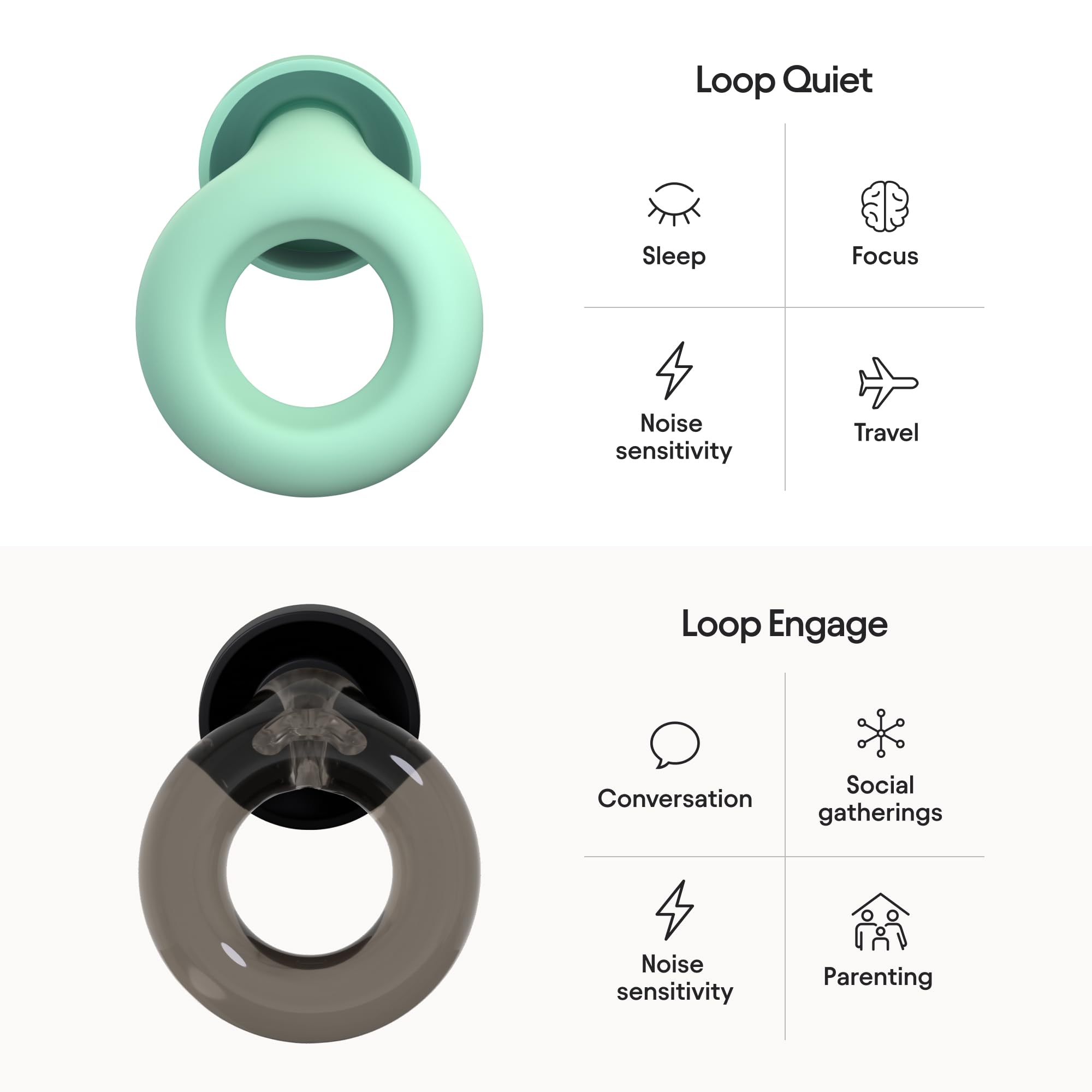 Loop Earplugs Everyday Bundle (2-Pack) – Loop Quiet + Loop Engage | Reusable Ear Plugs for Sleep, Focus, Noise Sensitivity, Socializing & More | 26 dB/16 dB Noise Reduction