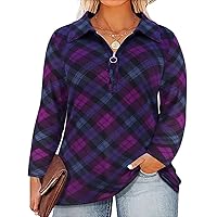 RITERA Plus Size Tops for Women Polo Blouses Dressy Plaid Long Sleeve Zip Up V Neck Blouses Ladies Casual Loose Fit Tunic Fall Office Top Zipper Collar Shirt Purple Flannel XL 14W 16W