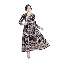 2024 Ladies A-Line Gorgeous Floral Printing Chiffon V-Neck Puff Sleeve High Waist Layered Pleated Goddess Maxi Dress#6557