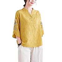 Embroidered Flowers Cotton Linen Women's mid-Sleeved top Shirt Loose Half-Open Button Stand-up Collar top