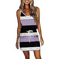 Sexy Dressy Winter Dress Women Drawstring Sleeveless Cami Bodycon Tank Tops Ladies Stretch Stripe Thin Round Purple S