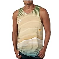 Summer Sleeveless Tops Men Coconut Tree Sunset Graphic Tank Tops Casual Beach Workout Shirts Round Neck Undershirt