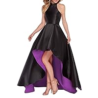Halter High Low Prom Dresses with Pockets Stain Sleeveless Evening Dress Purple for Women